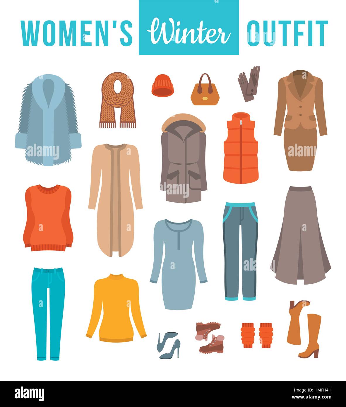 Women winter clothes flat vector icons set. Must have fashion elements of  modern urban female outfit, shoes and every day accessories for cold season  Stock Vector Image & Art - Alamy