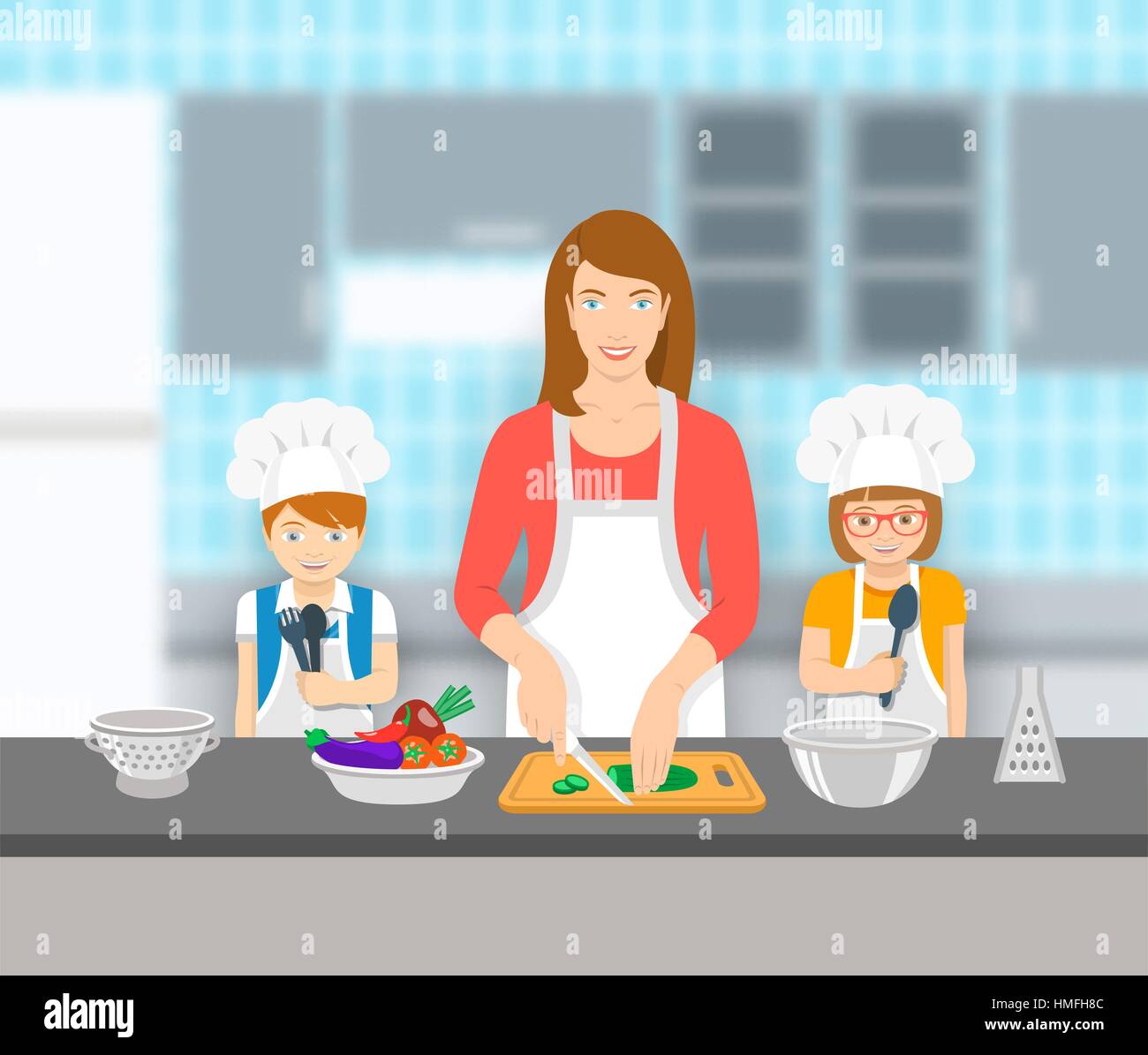 Happy little girl help mom cooking in kitchen Stock Photo - Alamy