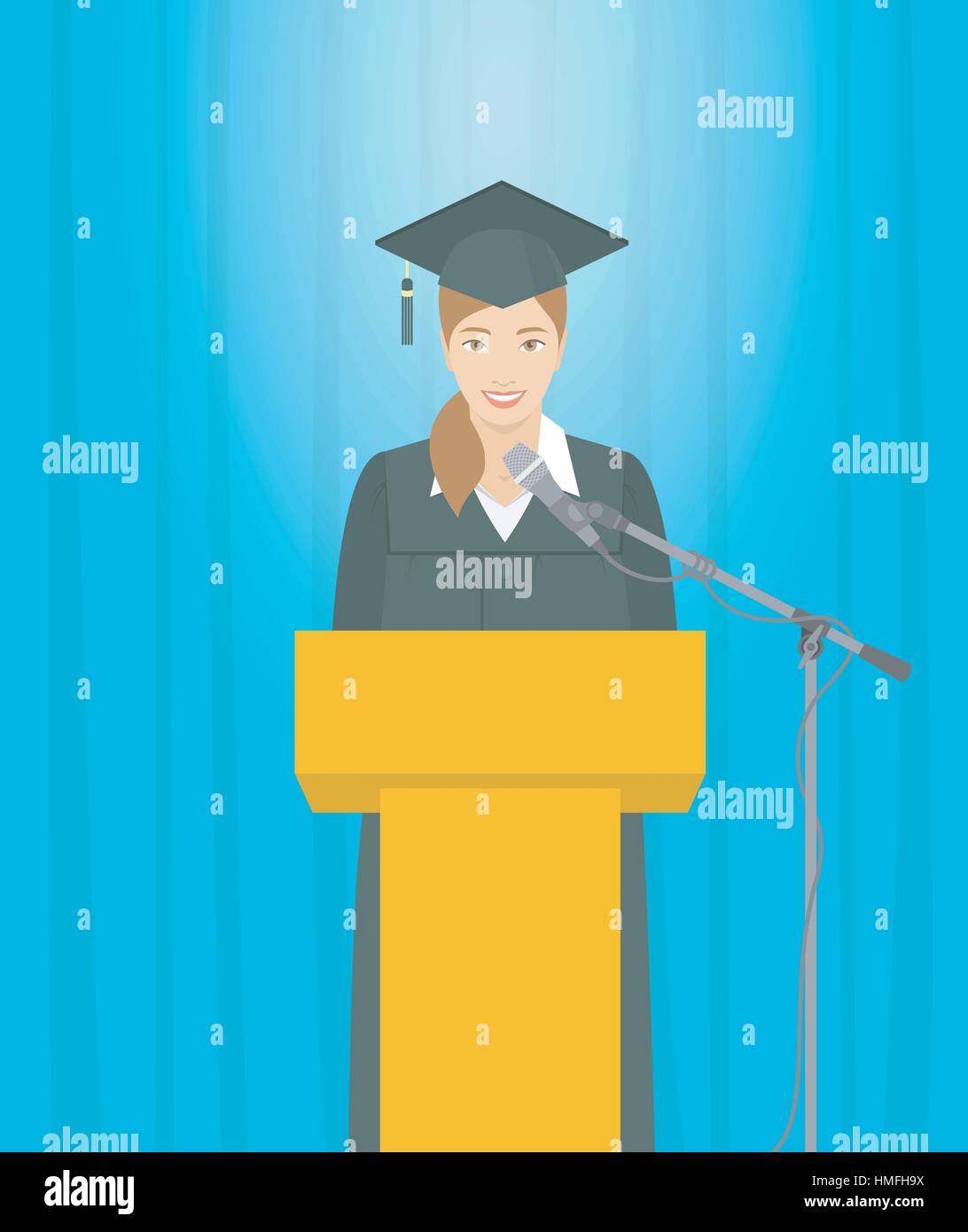 Graduation ceremony speech flat vector illustration. Young smiling Asian girl graduate in a gown and a mortarboard stands at a podium and gives a grad Stock Vector