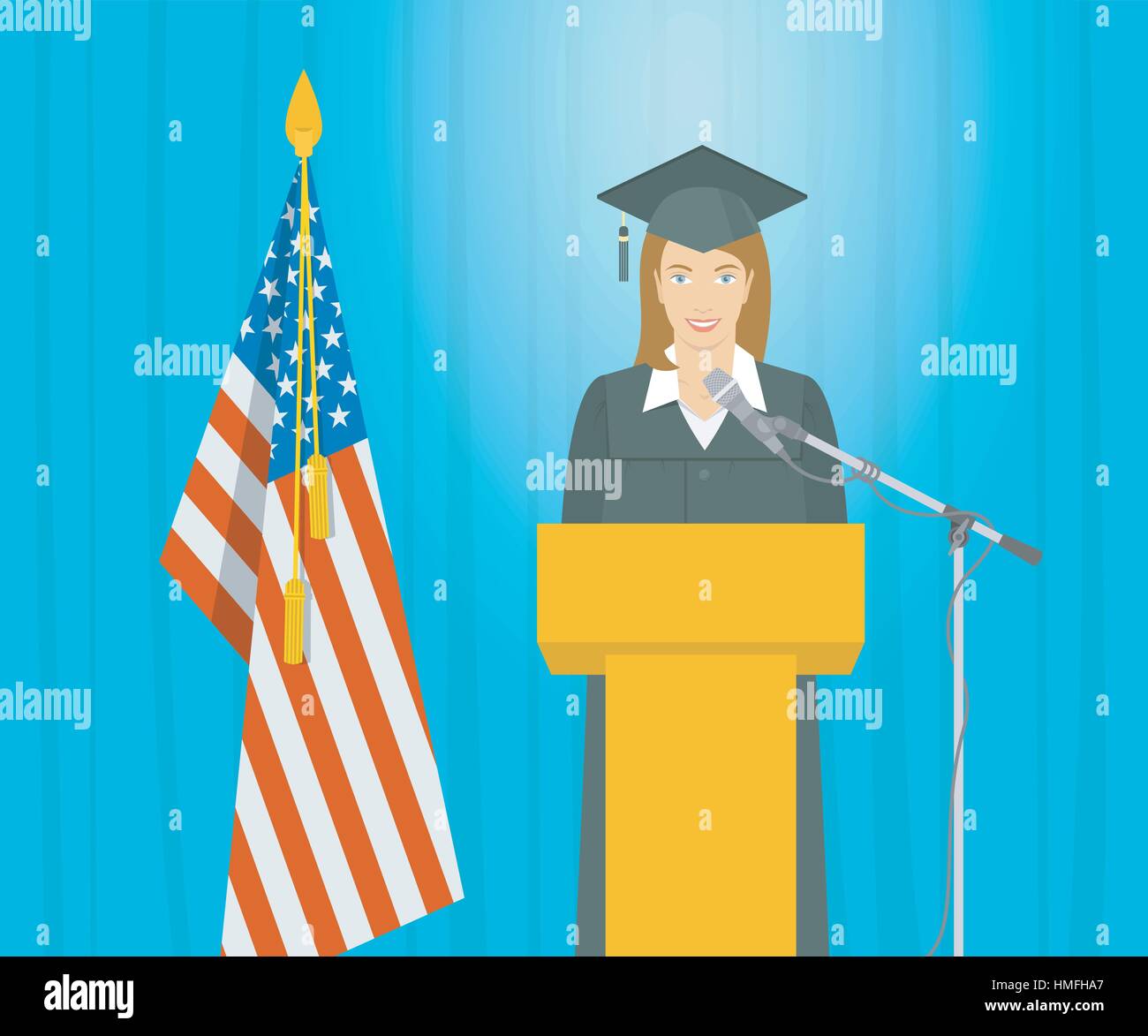 Graduation ceremony speech flat vector illustration. Young smiling  girl in a gown and a mortarboard stands at a podium near the American flag and giv Stock Vector