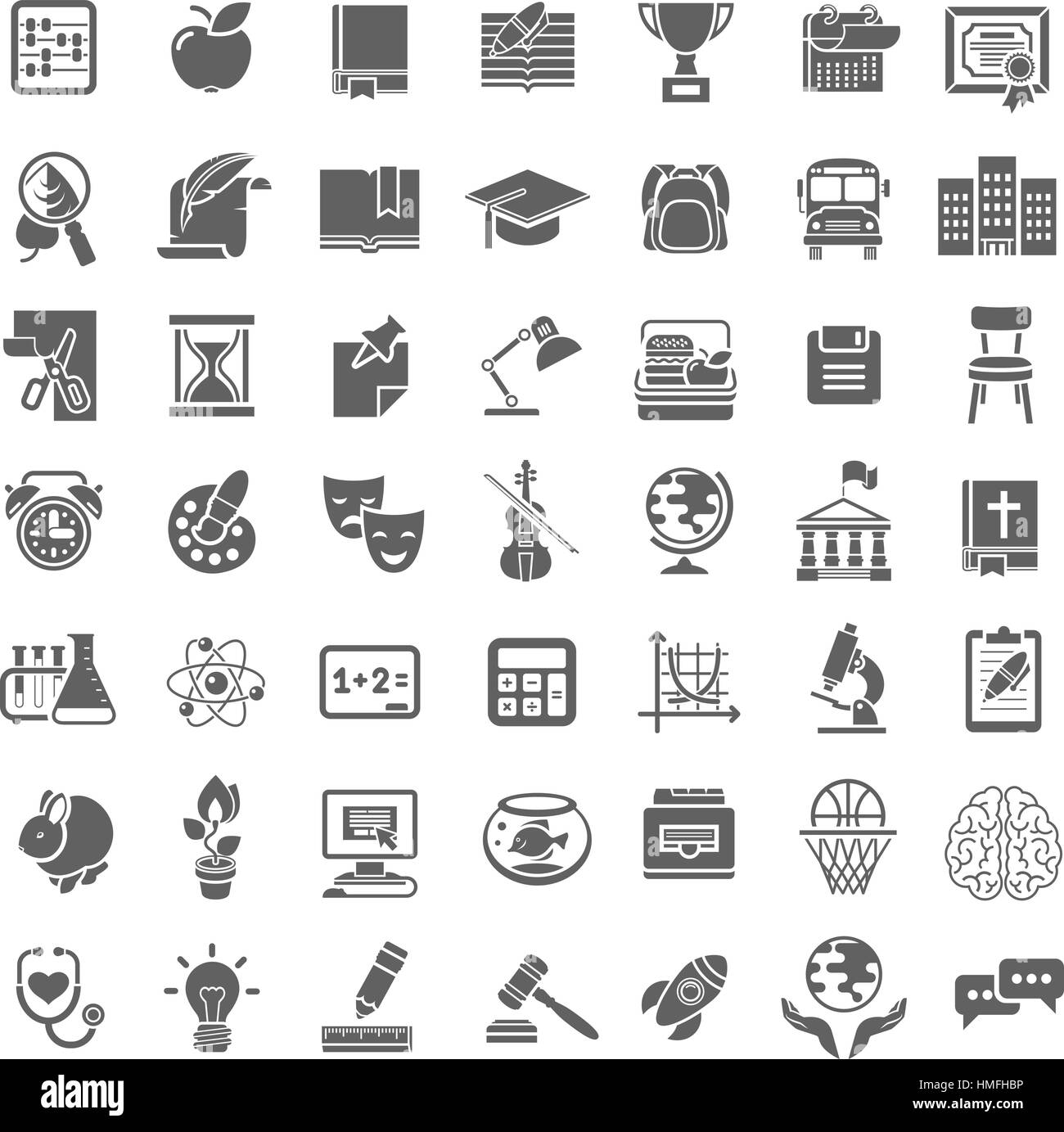 Set of plain monochrome silhouette vector icons of school subjects, education and science symbols Stock Vector