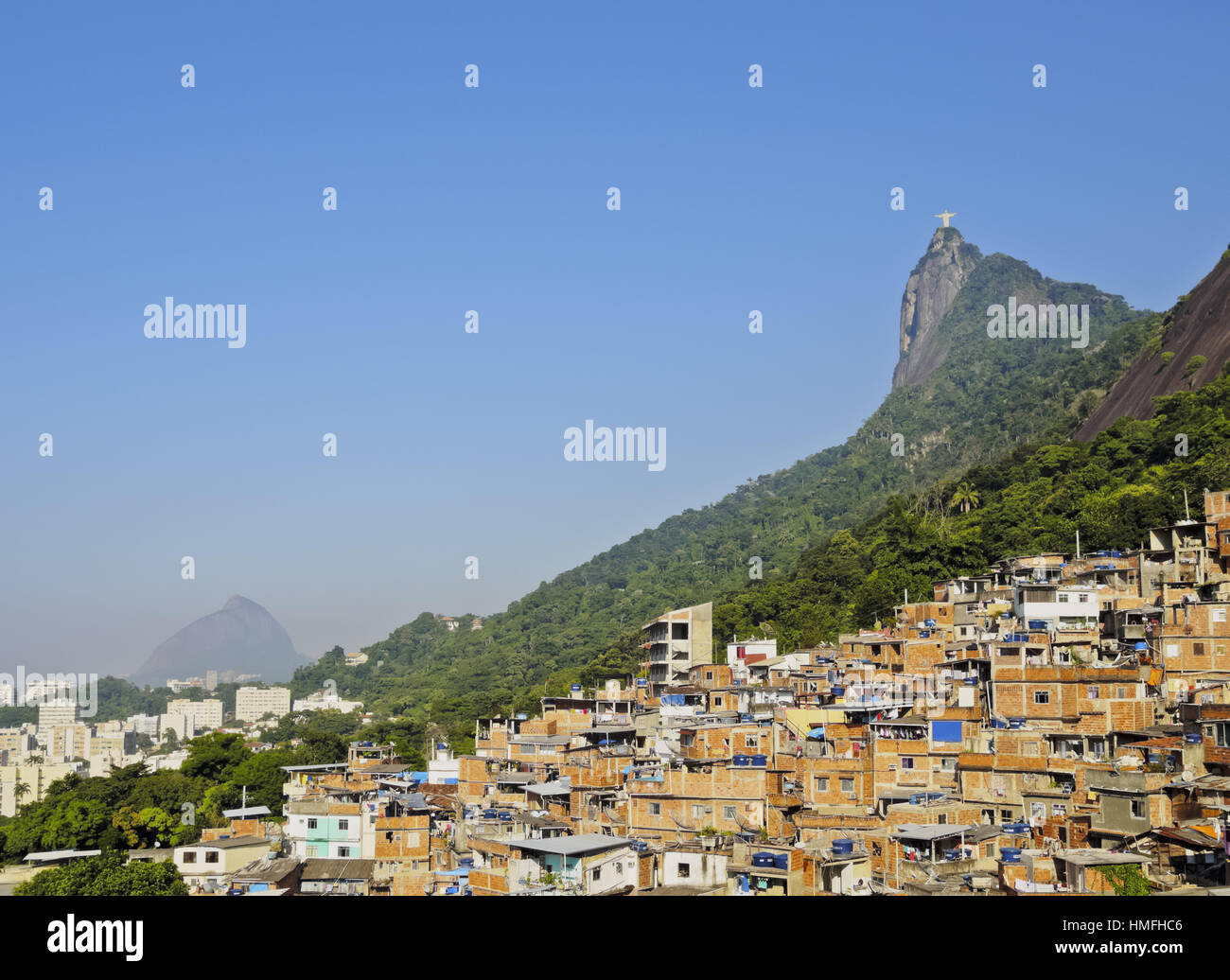View of the Favela Santa Marta with Corcovado and the Christ statue behind, Rio de Janeiro, Brazil, South America Stock Photo