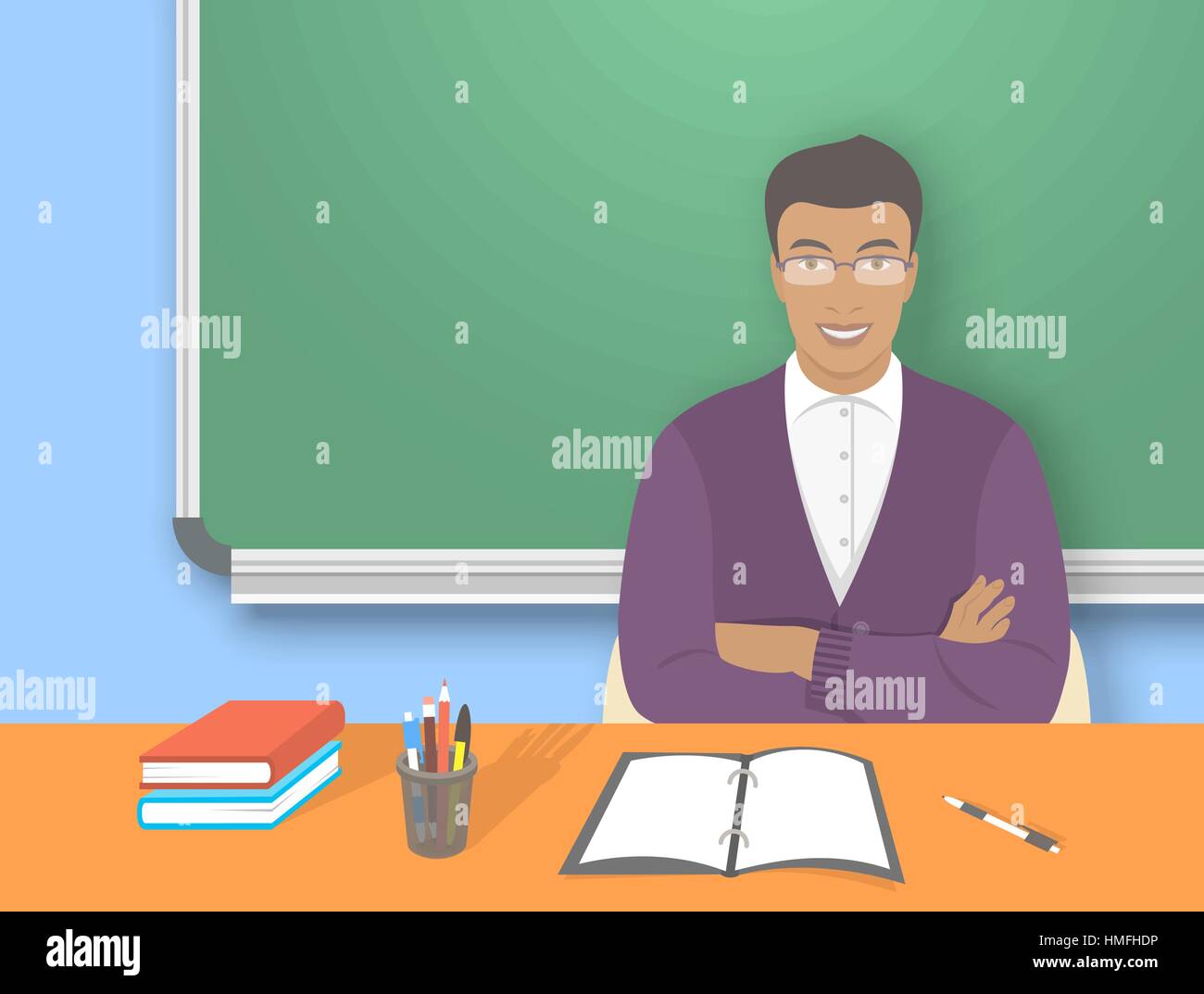 School Teacher At Desk Flat Education Vector Illustration Young