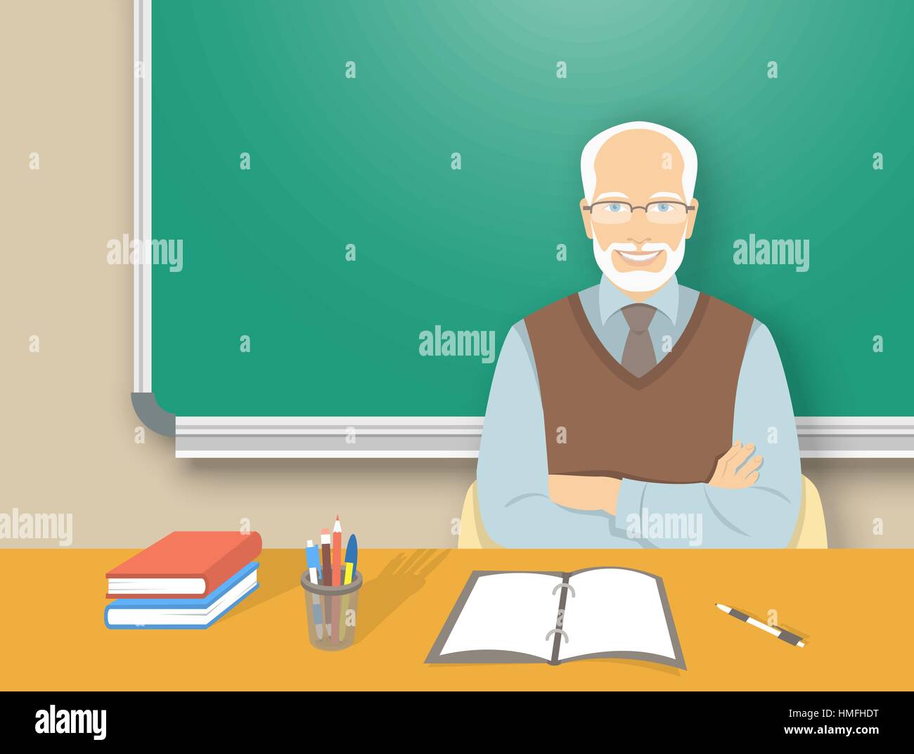 School Teacher At Desk Flat Education Vector Illustration Aged