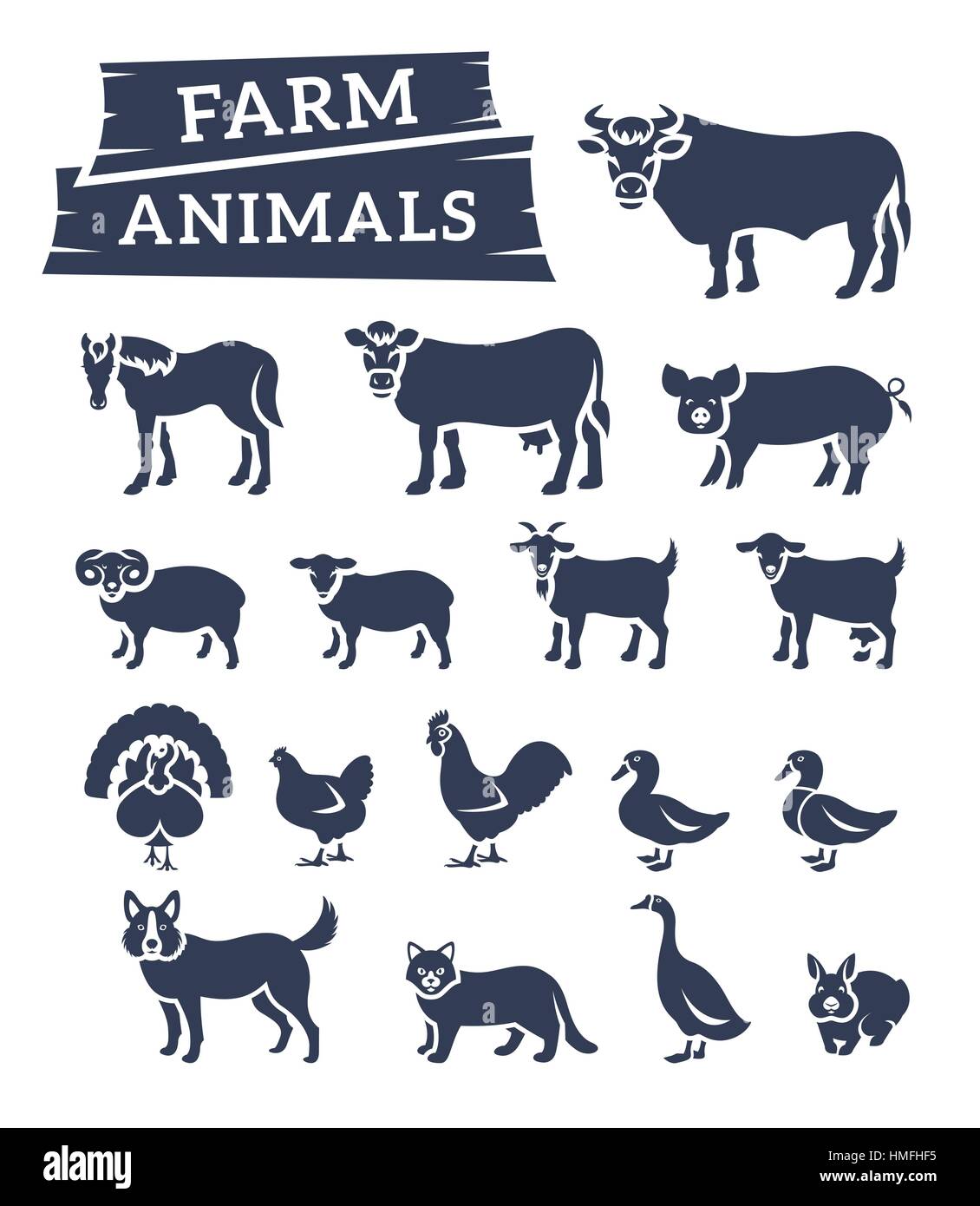 Farm animals flat silhouettes vector icons set. Monochrome symbols of ...
