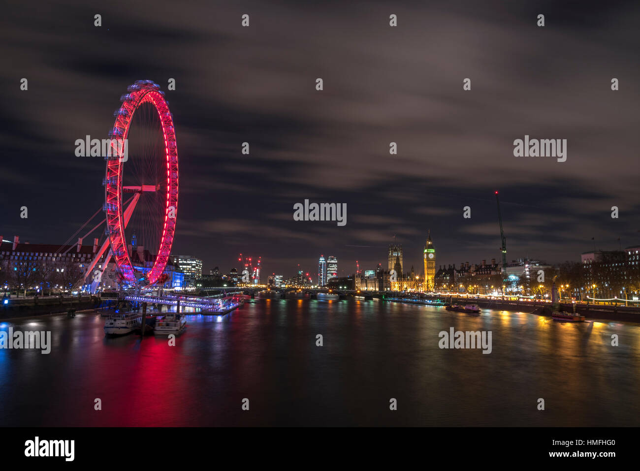 The view of the London Eye, River Thames and Big Ben from the Golden Jubilee Bridge, London, England, United Kingdom Stock Photo