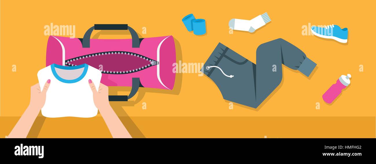 Fitness flat vector background. Woman puts stuff for gym physical training into sport bag. Top view horizontal banner. Workout clothes and shoes, wate Stock Vector