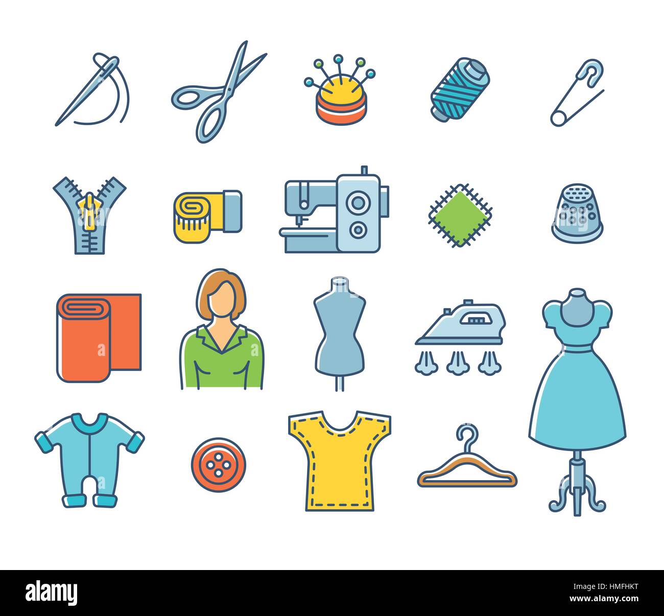 Sewing icons flat thin line vector set. Outline tools and accessories ...