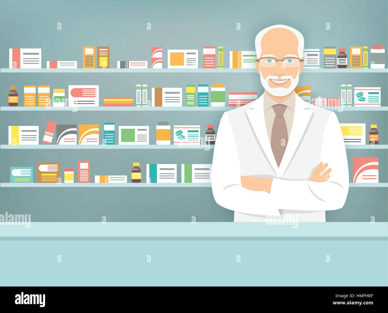 Modern Flat Vector Illustration Of A Smiling Aged Male Pharmacist At modern-flat-vector-illustration-of-a-smiling-aged-male-pharmacist-at
