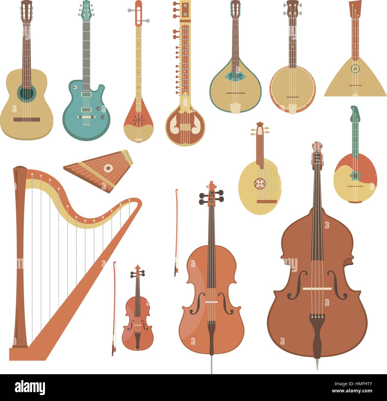 Set of various string musical instruments in the flat style Stock Vector