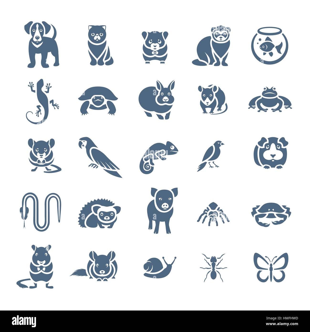 Animals pets vector flat silhouette icons set. Monochrome  pictograms of various domestic animals. Mammals, rodents, amphibian, insects, birds, reptil Stock Vector