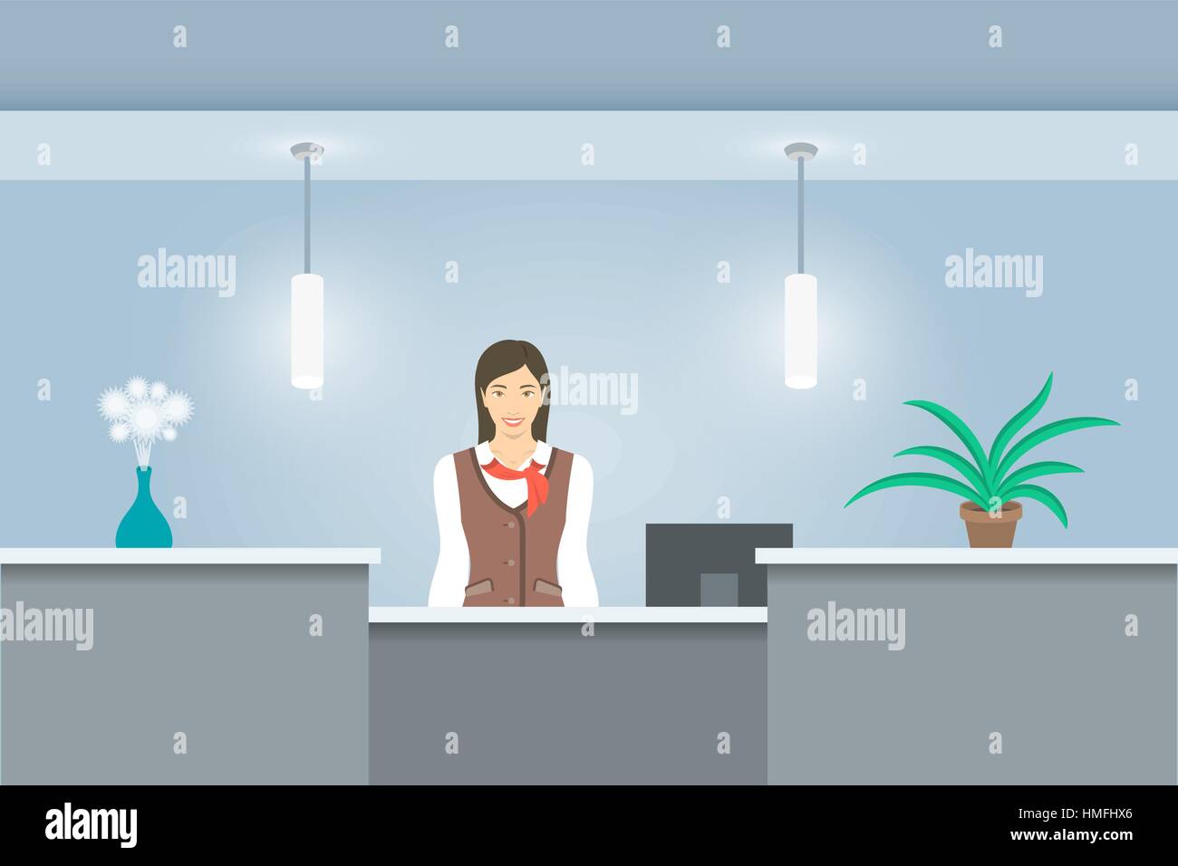 Young Woman Receptionist In Uniform Stands At Reception Desk