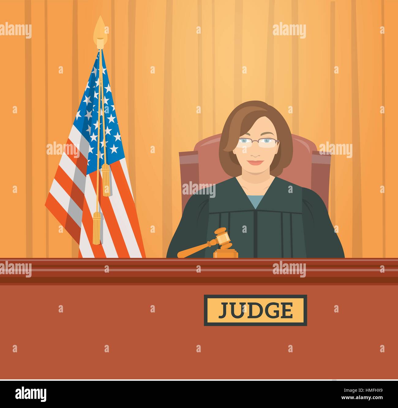 Judge woman in courthouse at tribunal with gavel and flag of USA. Civil and criminal cases public trial. Vector flat illustration. Law and justice con Stock Vector