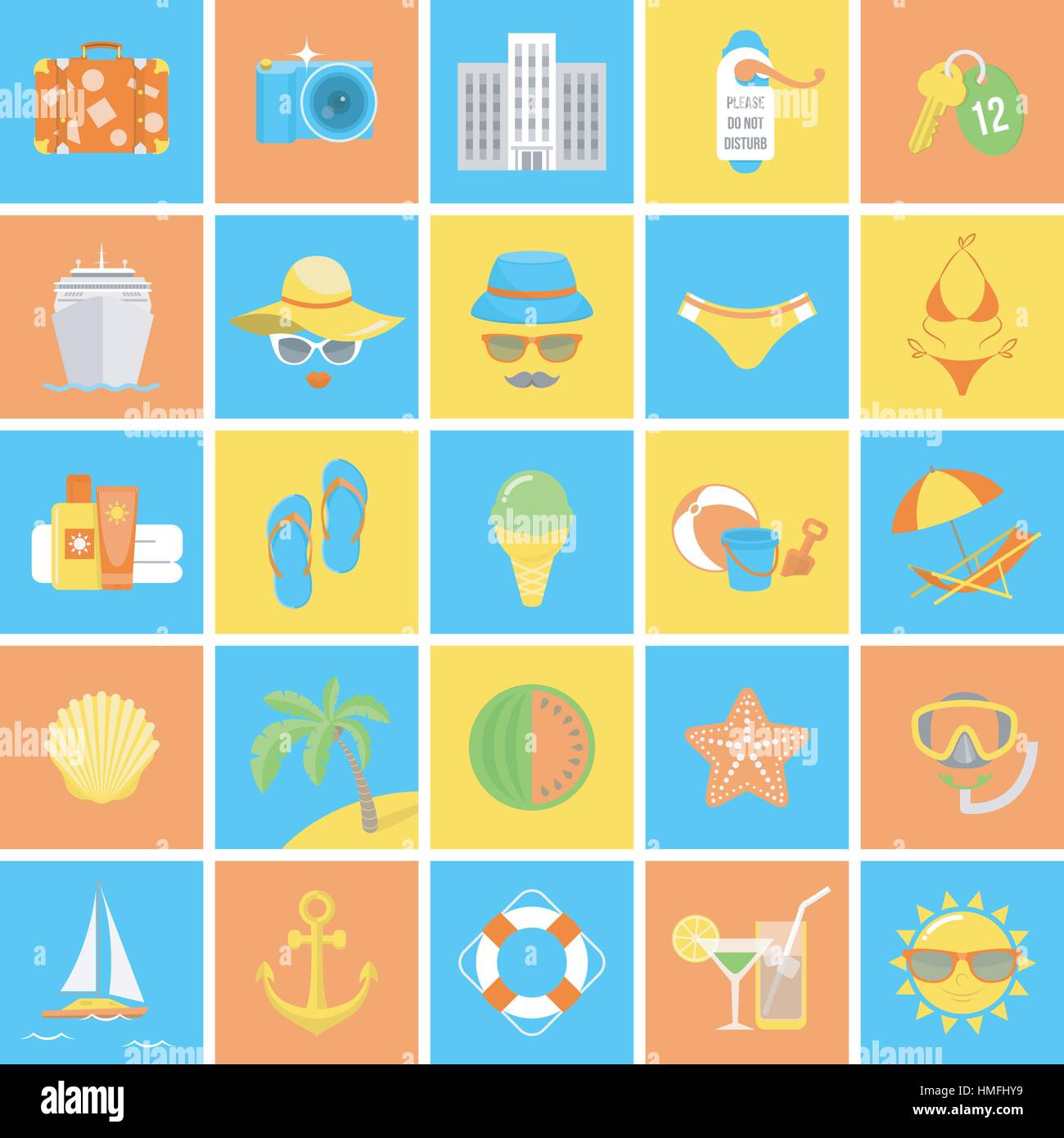 Set of modern flat round icons of summer vacation and beach holidays