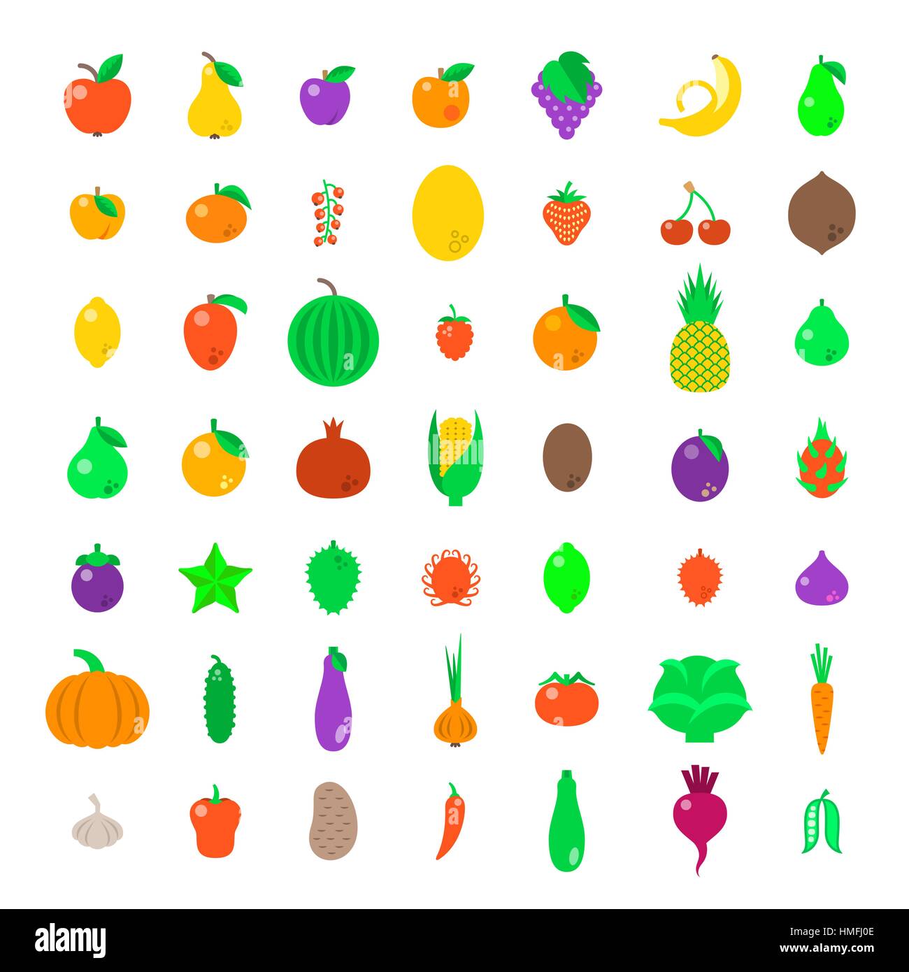 Fresh fruits and vegetables flat vector icons set. Farm harvest graphic