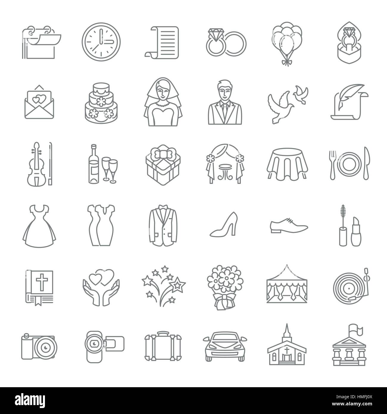Set of modern flat linear vector wedding icons. Line art conceptual symbols of wedding party for web site, mobile or computer apps, infographic, prese Stock Vector