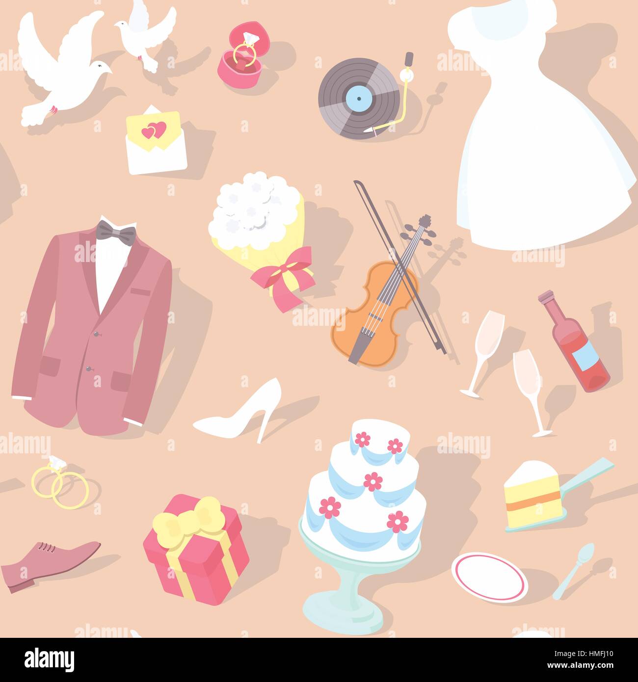 Modern flat seamless pattern with wedding accessories: wedding dress, groom suit, wedding cake, rings, bouquet, pigeons, violin on a plain background  Stock Vector