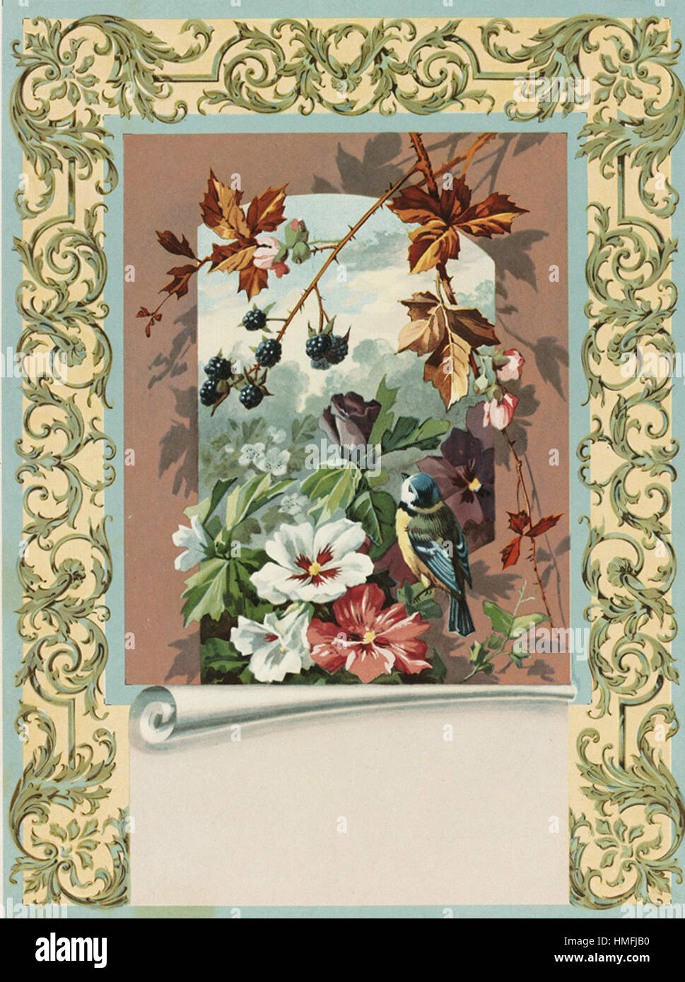 Louis Prang -  Floral Motif with Bird and Blackberries Stock Photo