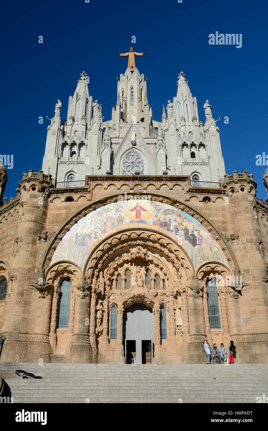 Barcelona, Spain - December 2, 2016: Temple of the Sacred Heart of Jesus on Tibidabo mountain in Barcelona, Spain. Unidentified people visible. Stock Photo
