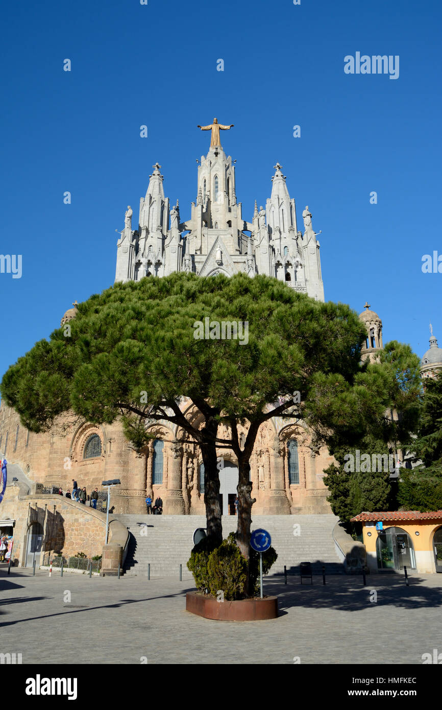 Barcelona, Spain - December 2, 2016: Temple of the Sacred Heart of Jesus on Tibidabo mountain in Barcelona, Spain. Unidentified people visible. Stock Photo