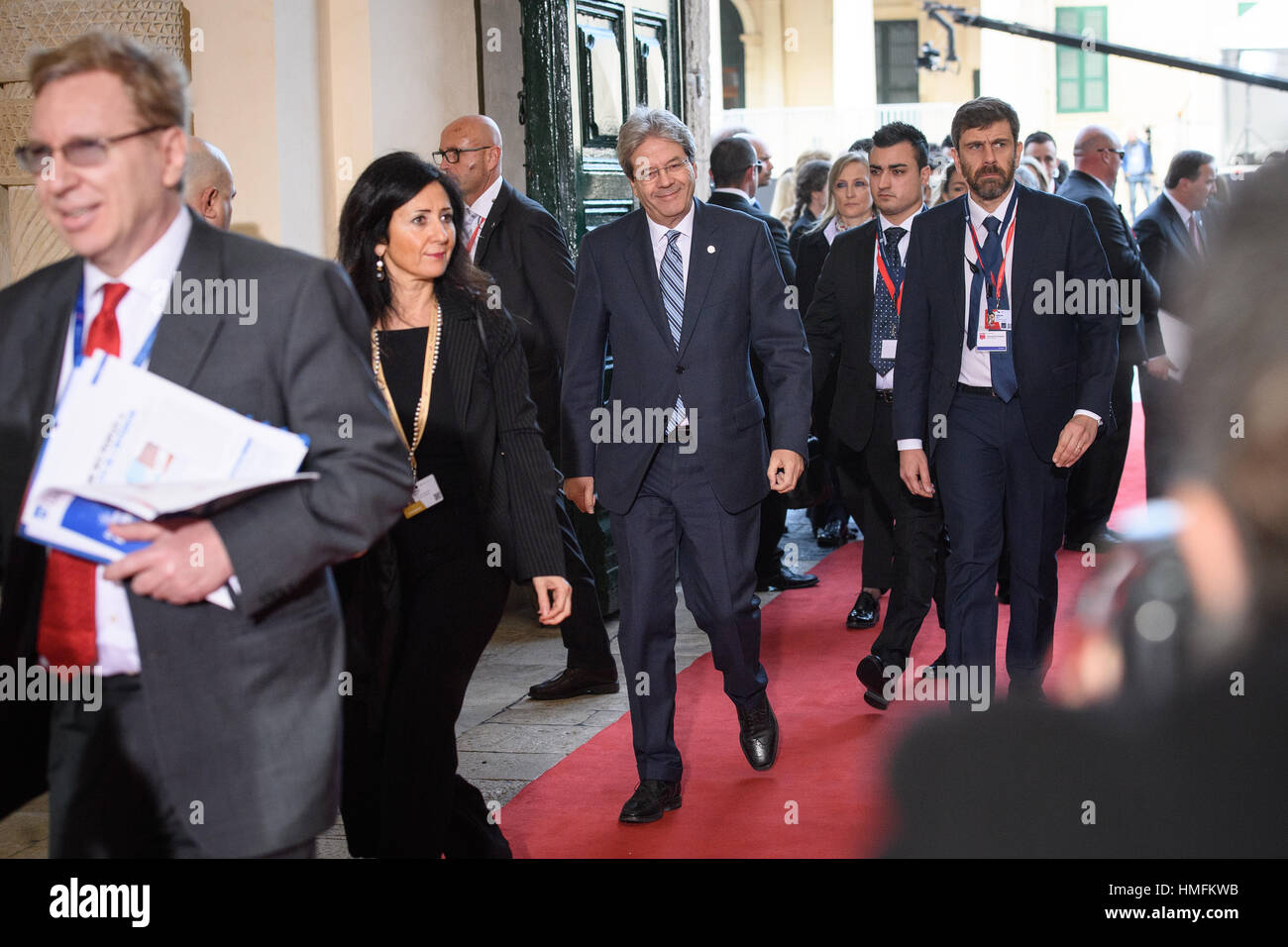 Prime Minister of Italy Paolo Gentiloni arriving at the at the Grandmaster's Palace in Valletta, Malta, for an informal summit. Stock Photo