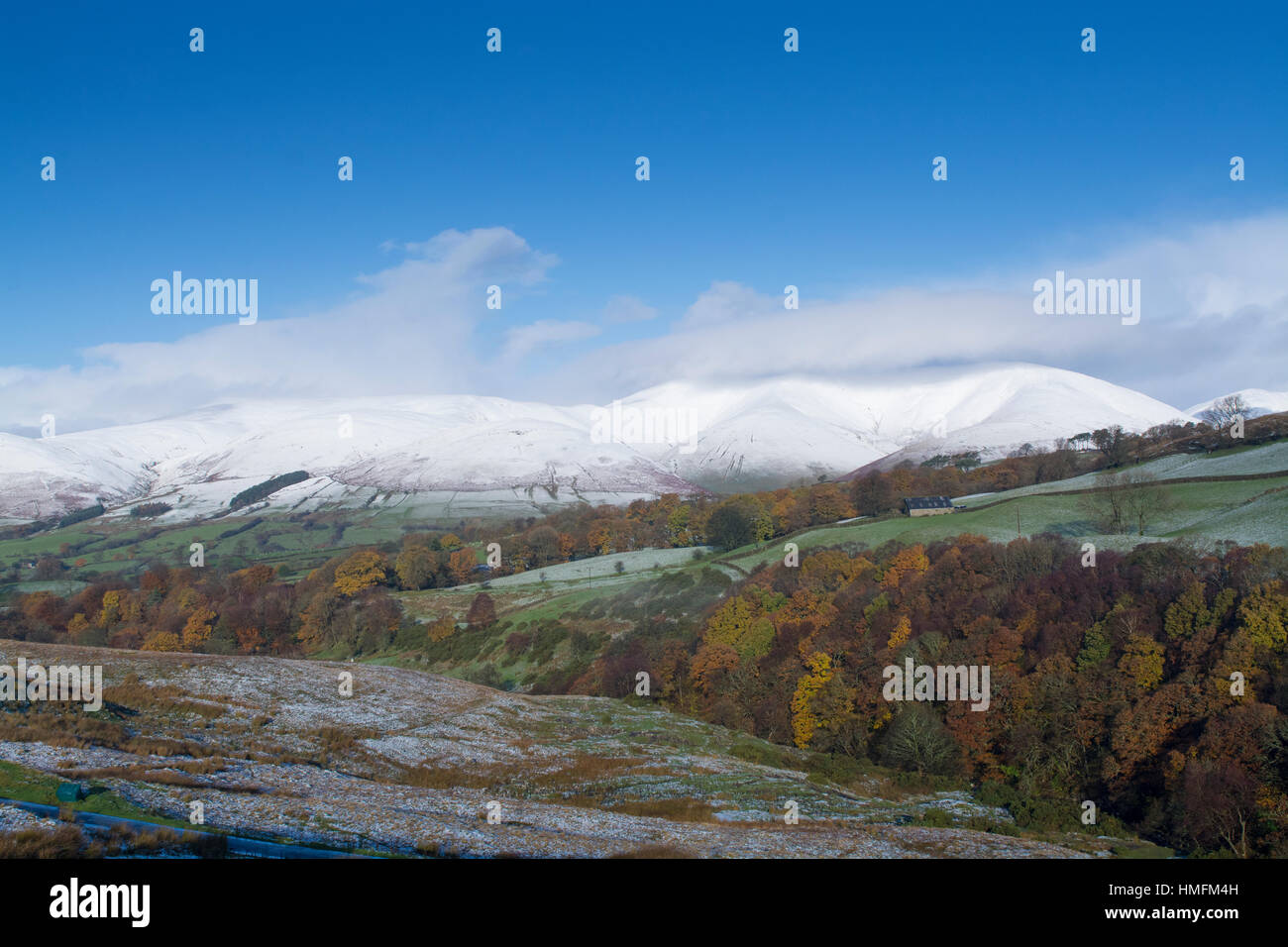 Eastern Howgill Fells near Sedbergh covered in early winter snow, seen from Garsdale, where the trees are still in autumn foilage. Cumbria, UK. Stock Photo