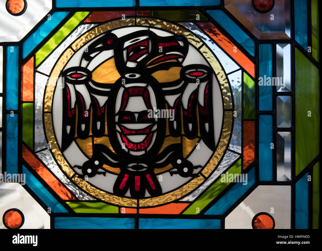 Stained glass panels in the Comox Valley civilian passing airport on Vancouver Island, BC. Canada. Stock Photo