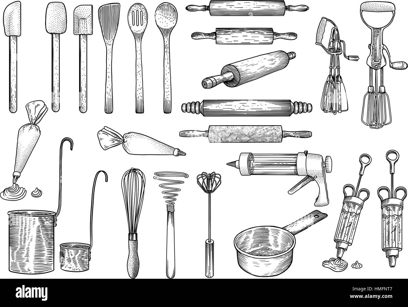 Kitchen tools illustration, utensil, vector, drawing, engraving Stock Vector