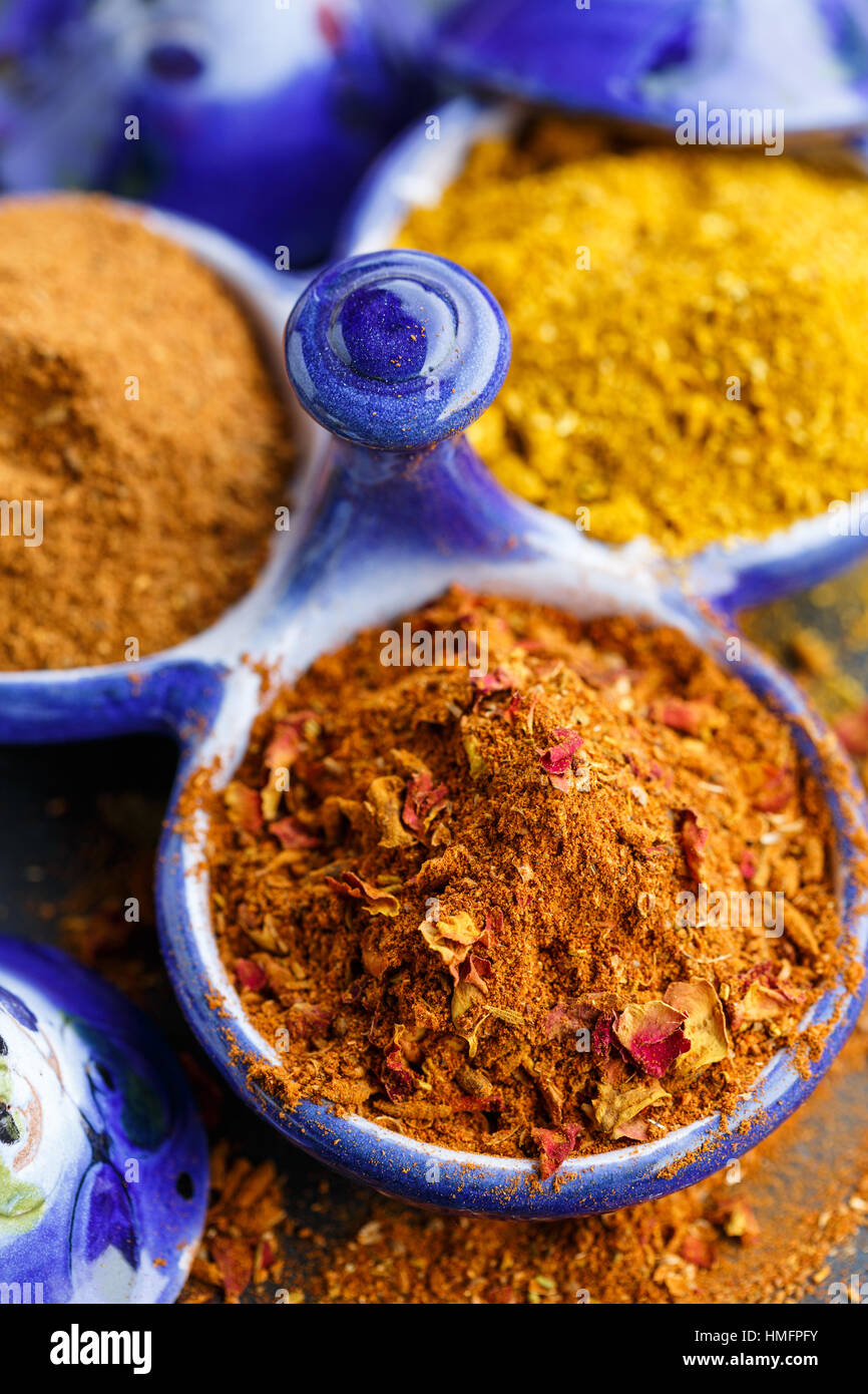 Ras el hanout and curry powders Stock Photo