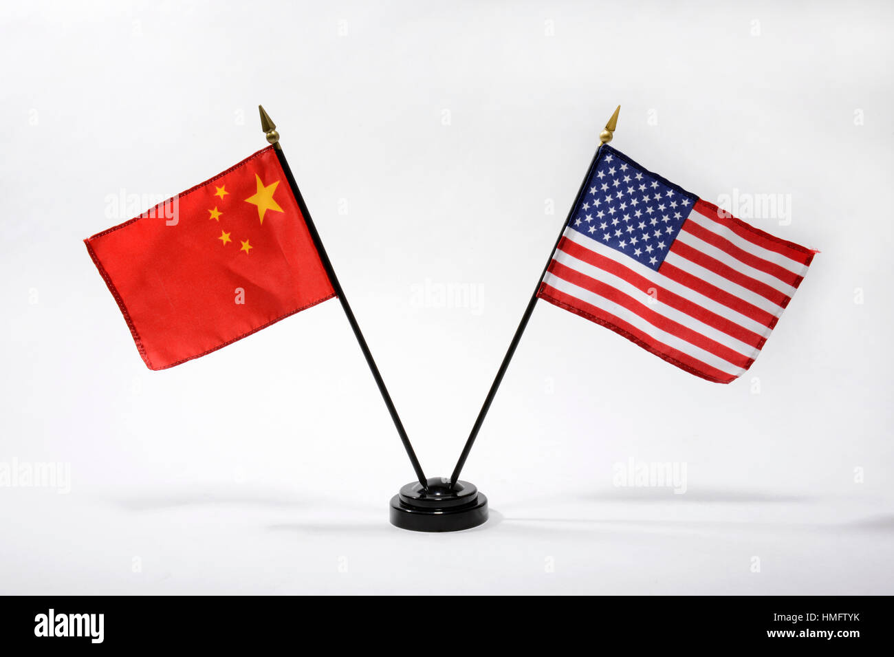 Stamford, Connecticut.  27th January, 2017.  Chinese and US desktop flags. Stock Photo