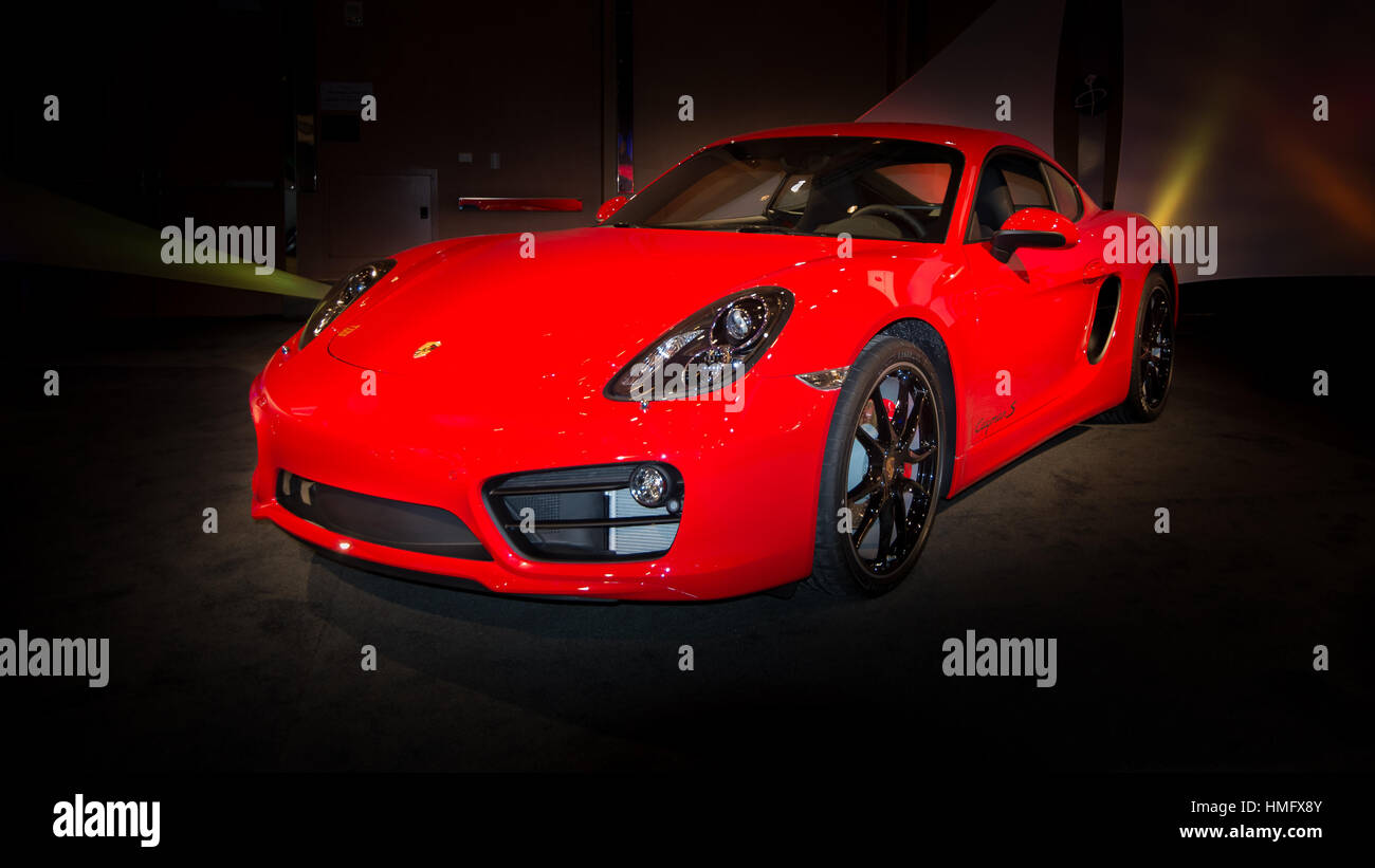 DETROIT, MI/USA - JANUARY 12: A 2014 Porsche Cayman S at The Gallery, an event sponsored by the North American International Auto Show (NAIAS) and the Stock Photo