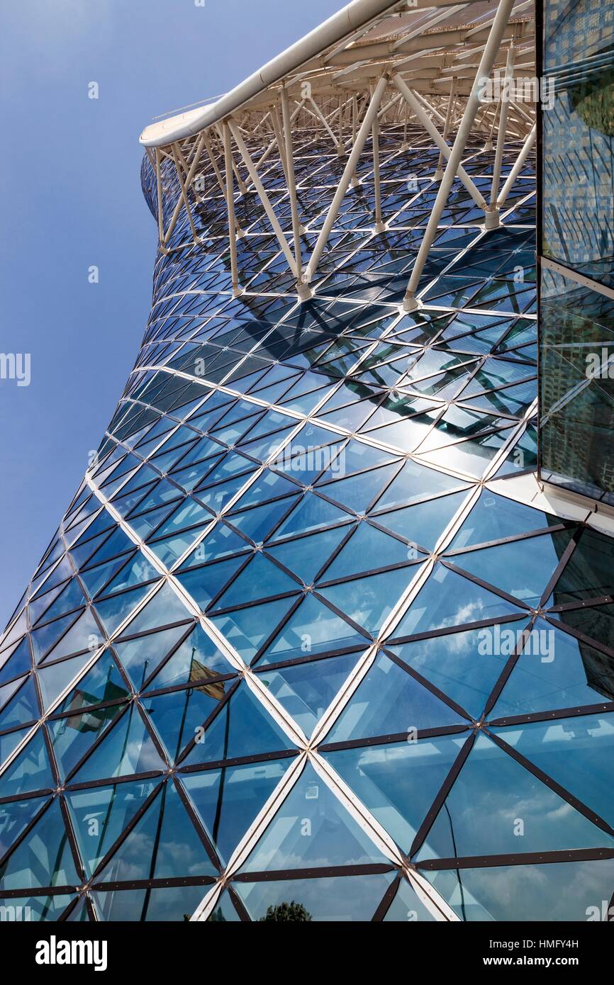 Contemporary styled Hyatt Capital Gate Hotel, designed by RMJM Architects in Capital Centre, Abu Dhabi, United Arab Emirates. Stock Photo