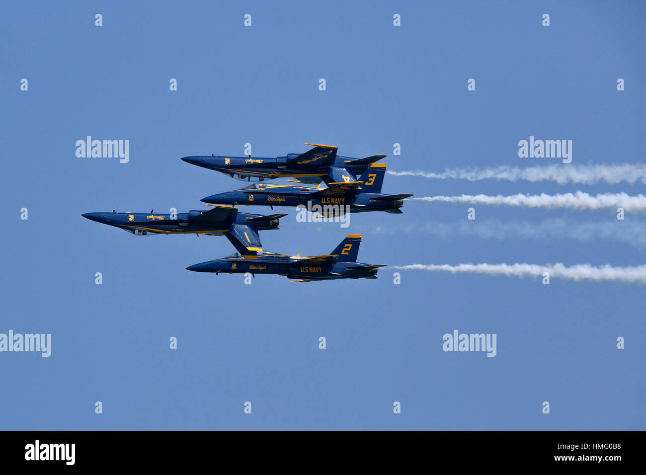 U.S. Navy Blue Angels F/A-18 aircraft in mirror formation (belly-to ...
