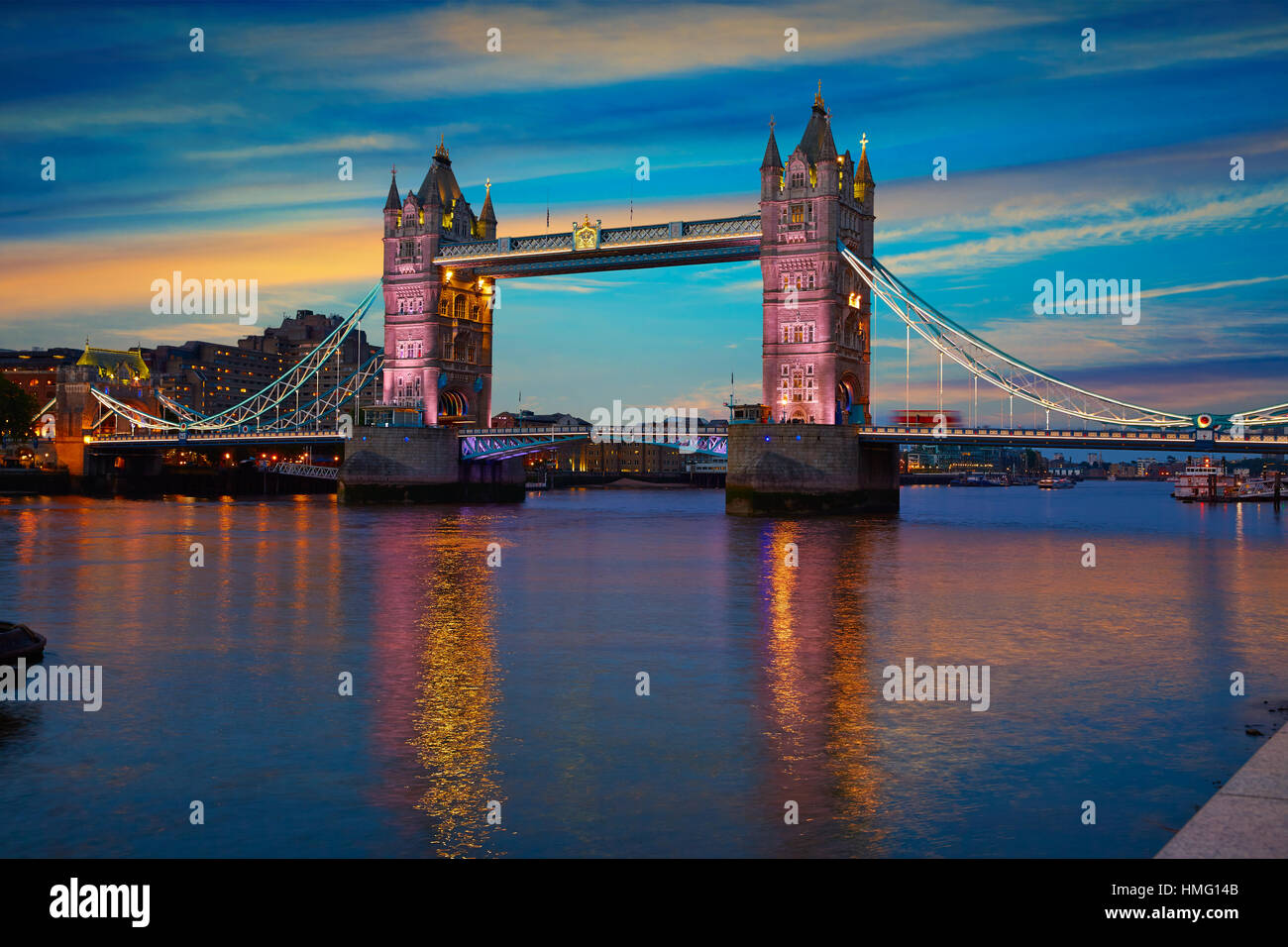 London Tower Bridge sunset on Thames river in England Stock Photo - Alamy