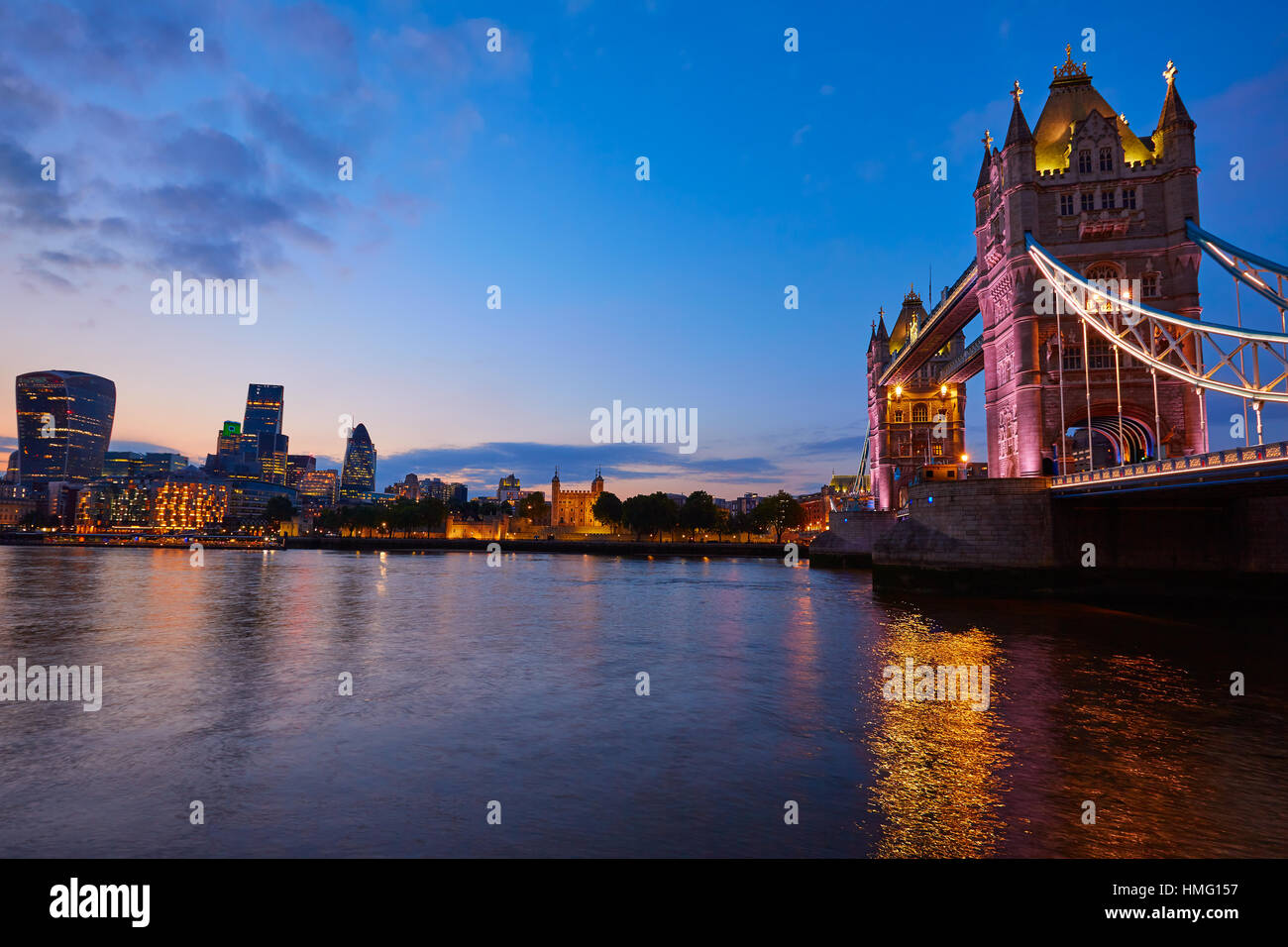 London Tower Bridge sunset on Thames river in England Stock Photo - Alamy