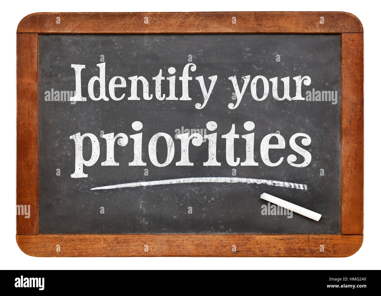 Identify your priorities - white chalk text on a vintage slate ...
