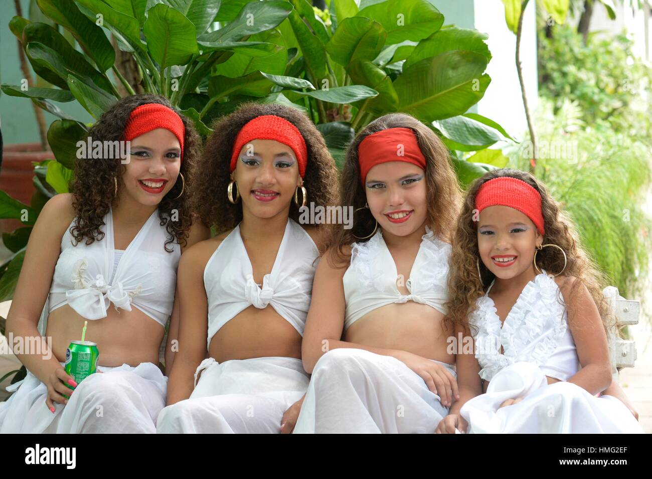Portrait of girls with traditional clothing un Cienfuegos, Cuba. Stock Photo