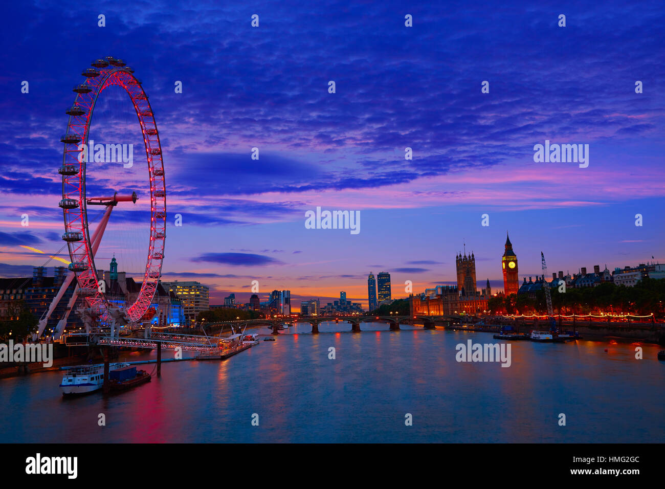 London sunset skyline Bigben and Thames river Stock Photo