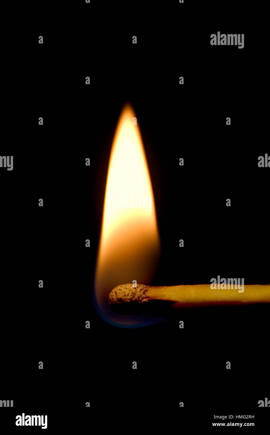 Burning Match Closeup, Isolated Vertical Black Macro Closeup Stock Photo