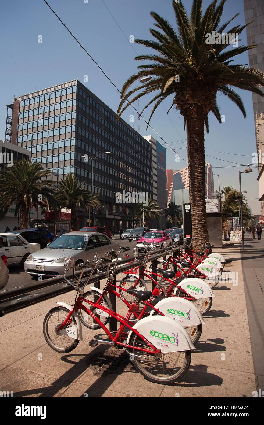 Bicycles for rent at the street in Avenida Juarez Avenue, Mexico City