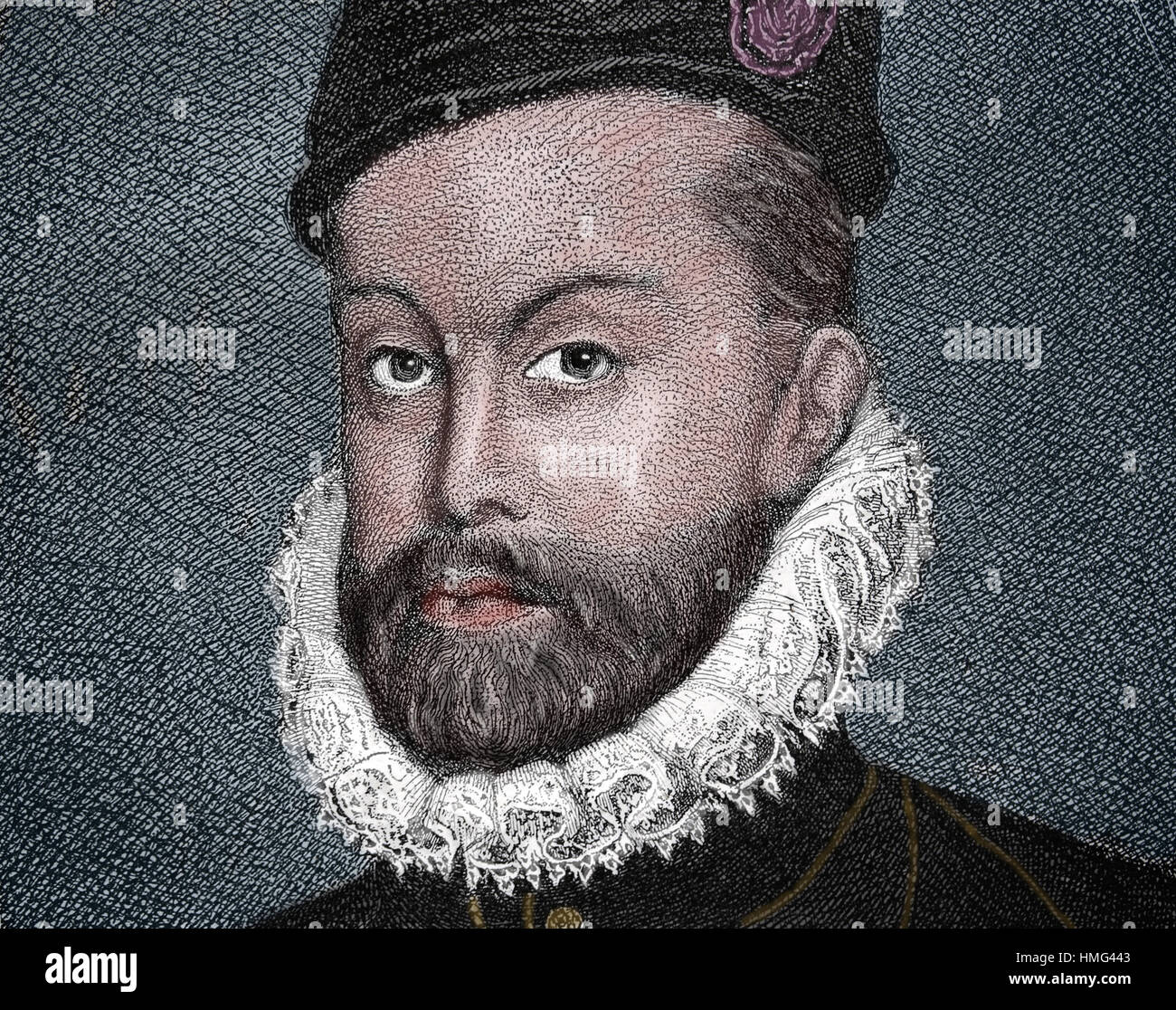 Philip II of Spain (1527-1598). Portrait. Engraving. 19th century. Habsburg House. Stock Photo