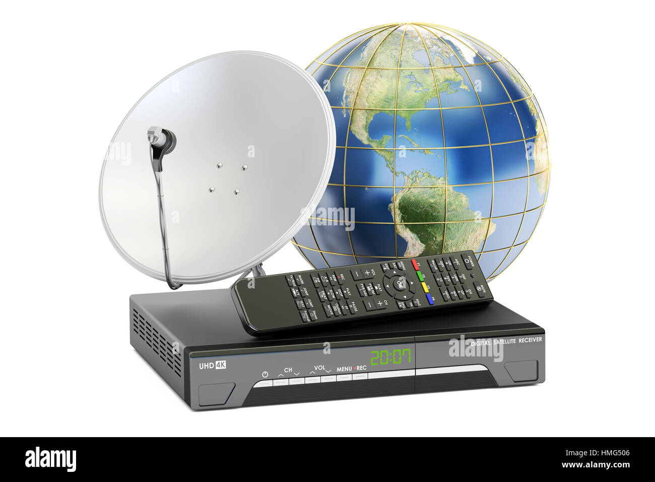Global telecommunications concept. Digital satellite receiver with satellite dish and Earth, 3D rendering Stock Photo