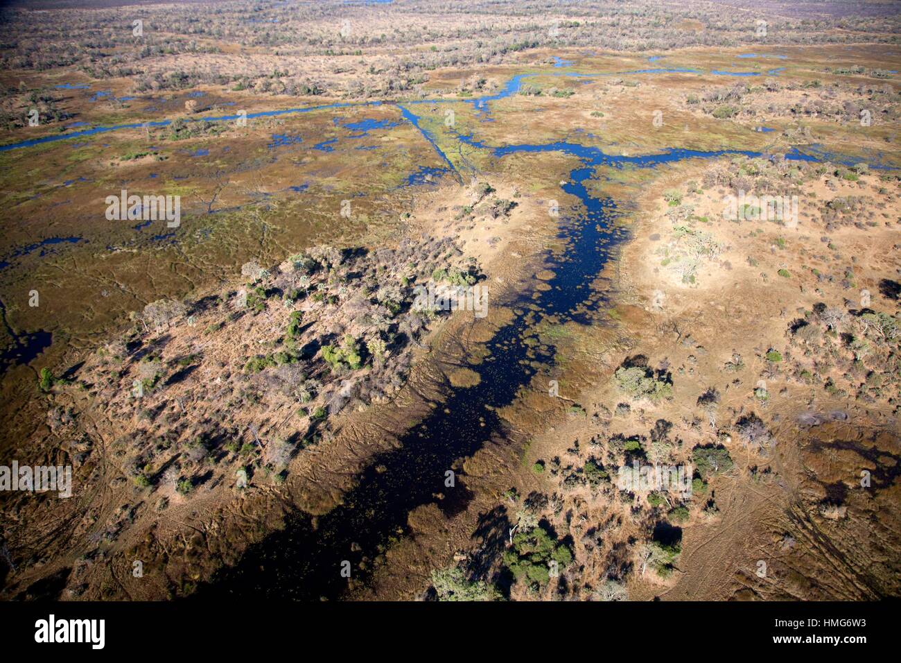 Aerial view of the Okavango Delta, Botswana. The vast inland delta is formed from the Okavango River. This flows into the Delta , creating a Stock Photo