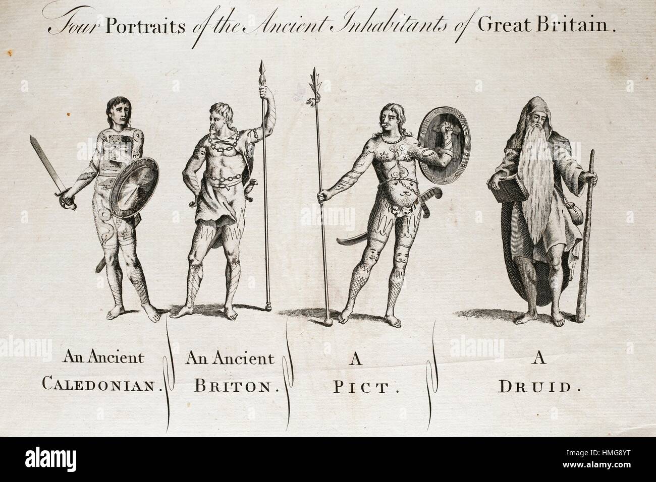 Antique copper engraved print of ''An ancient Caledonian, an ancient Briton, a Pict, a druid (England) published about 1782 for Raymond´s History of Stock Photo
