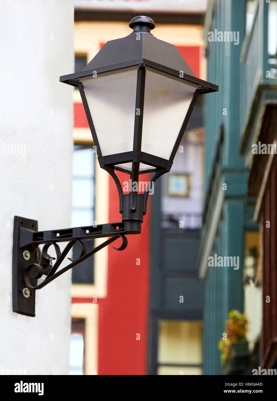 Streetlamp, exterior lighting, Mundaka. Bizkaia. Basque Country. Spain Stock Photo