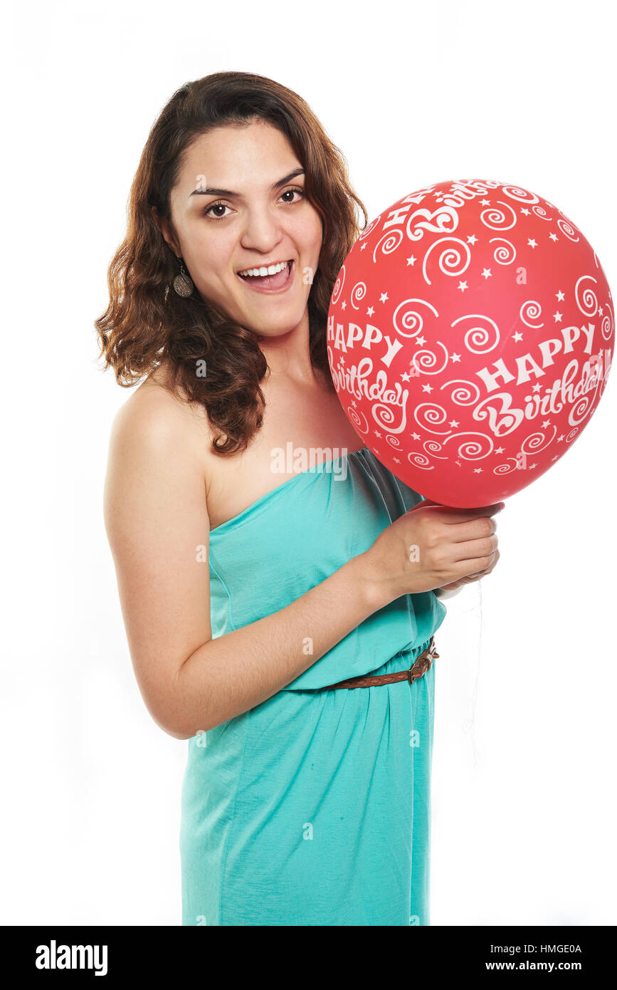 smiling girl with red balloon isolated on white Stock Photo