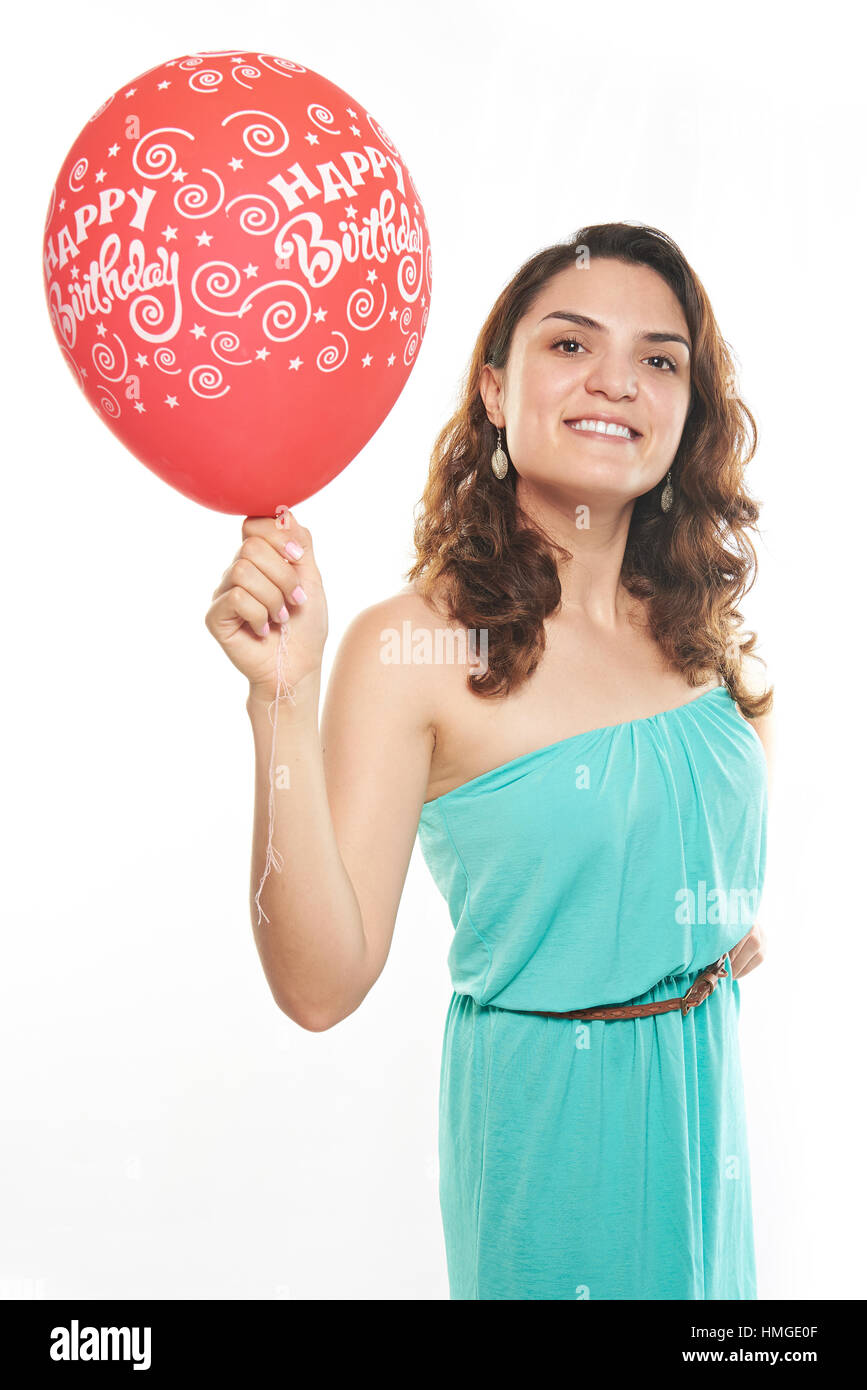 happy latino girl with balloon isolated on white Stock Photo