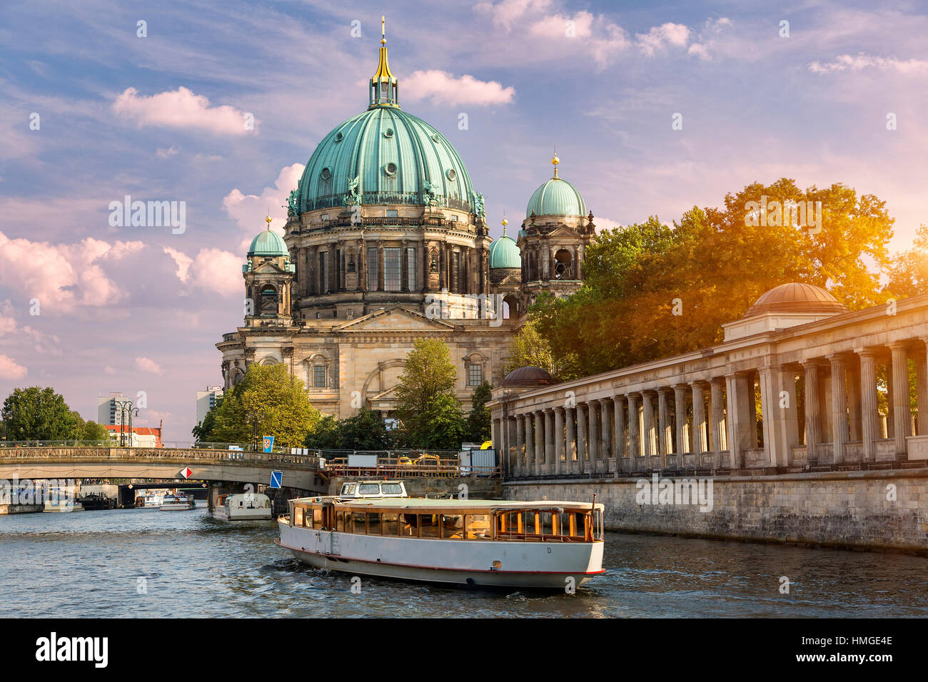 Berkin, Tour boat on Spree River with cathedral in Background Stock Photo