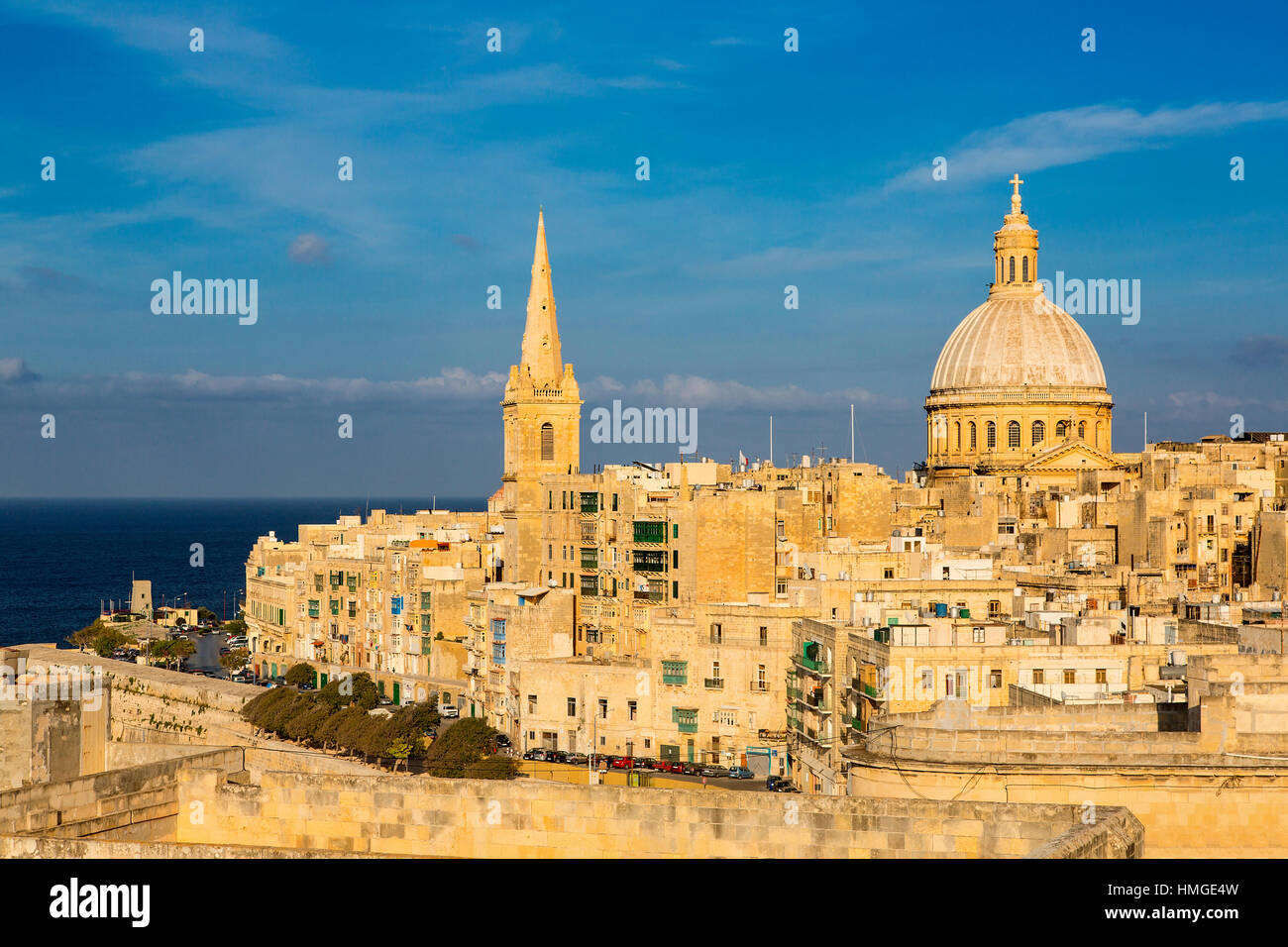 Malta, Valletta, skyline with St. Paul's Anglican Cathedral and Carmelite Church. Stock Photo