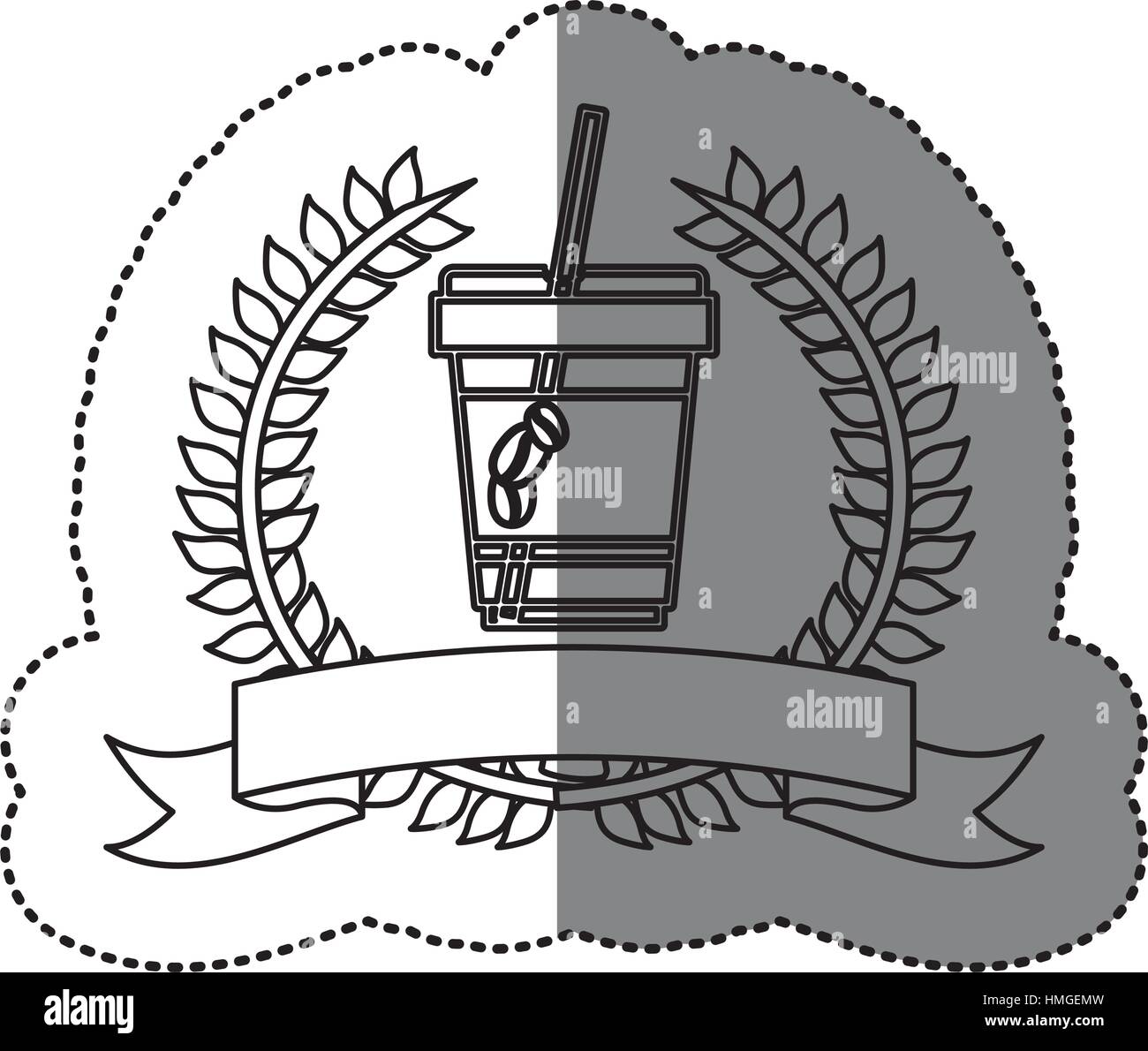 monochrome sticker with olive crown with ribbon and disposable glass of ...